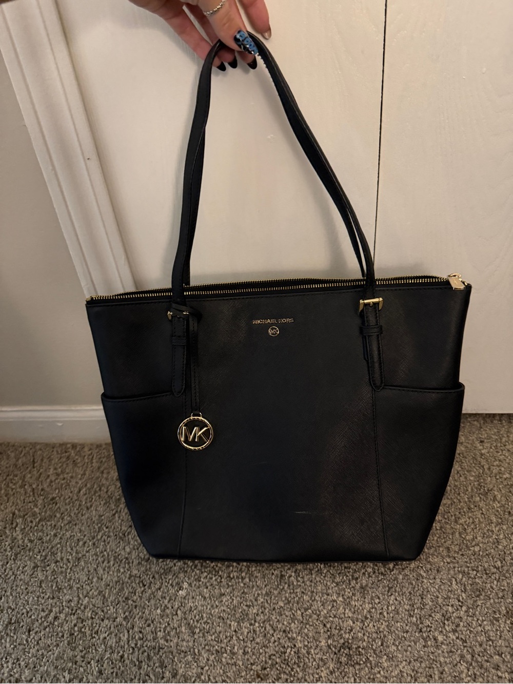 Michael Kors Black Leather Tote Bag with Gold Accents